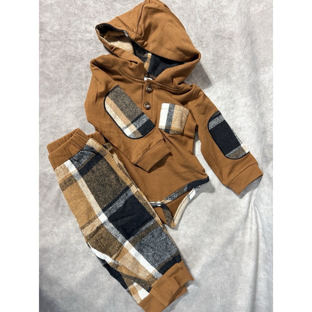 Renotemy Baby Boy 2 PC Set Hoodie Long Sleeve Jumpsuit Pants Brown Size 3-6M